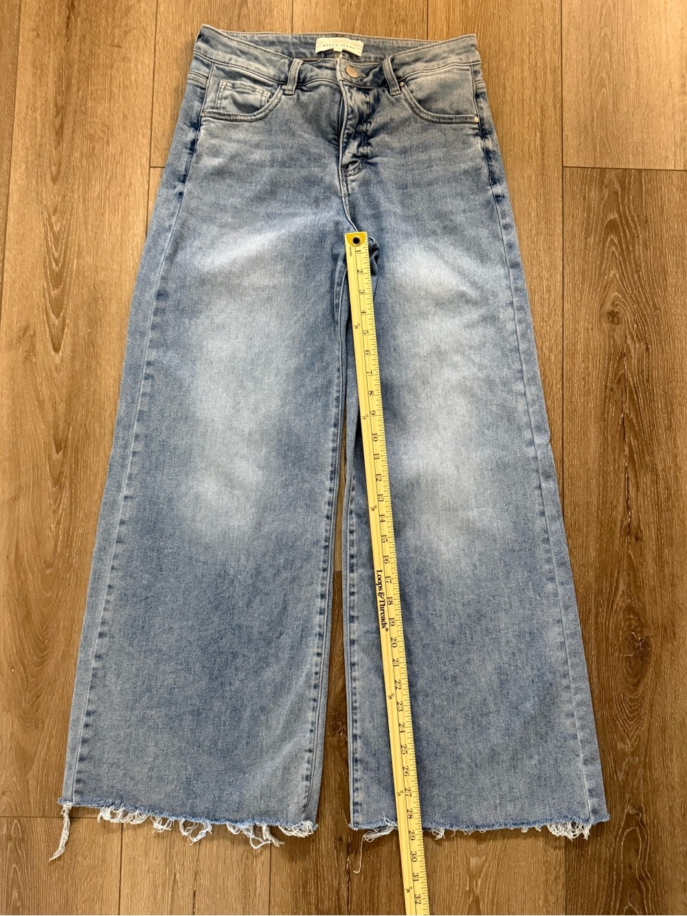 Risen Wide Leg Frayed Hem Jeans in Light Blue - Picture 8 of 12